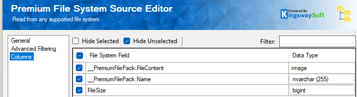 Premium File System Source - Columns page